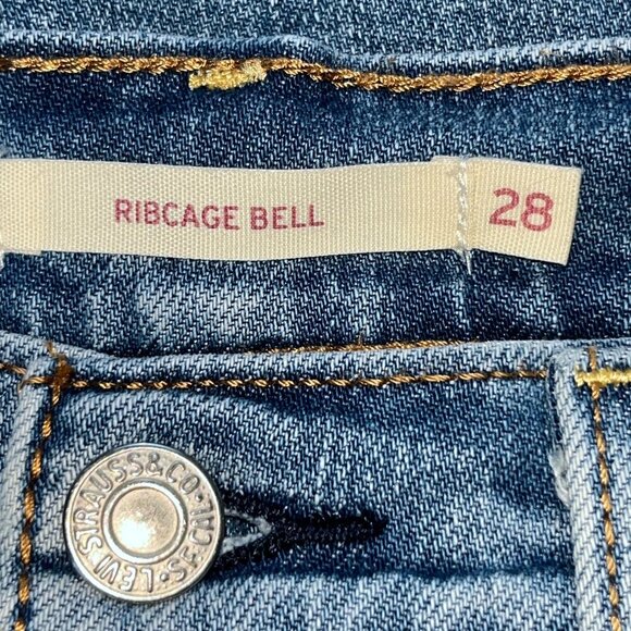 LEVI'S RIBCAGE BELL BLUE JEANS - BIG BELL BOTTOM FLARE EXTREME HIGH WAIST 28X30 - Picture 7 of 14